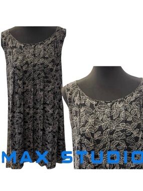 Max Studio Black/White Leaf Pattern Sleeveless Pullover A-Line Swing Dress (M)